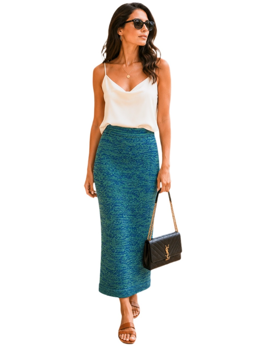 Happy Sheep Anthropologie Italian Blue Lime Knit Midi Skirt S/M NWOT